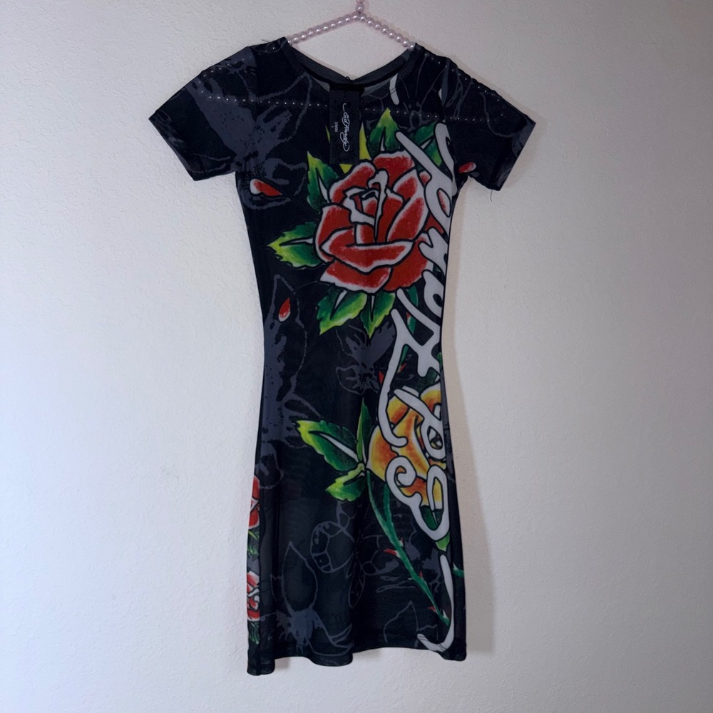 Ed Hardy Mesh Mini Dress small black coverup tattoo Print Skull Rose Y2K Bodycon